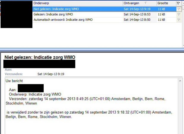 Mail aan Gemeente verwijderd zonder lezen 14 Sept 2013