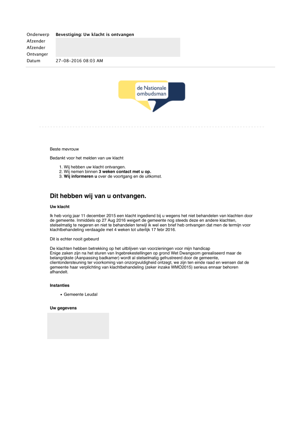 3- (27 aug 2016) Bevestiging Uw klacht is ontvangen - Doofpot WMO LEUDAL WEBLOG.png